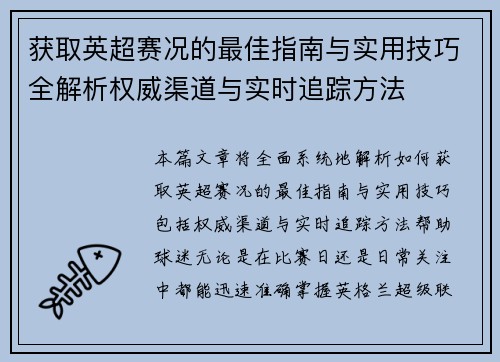 获取英超赛况的最佳指南与实用技巧全解析权威渠道与实时追踪方法