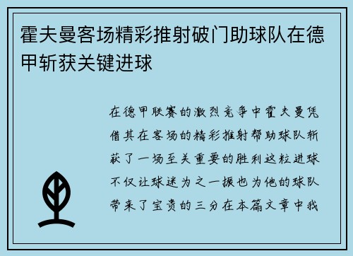 霍夫曼客场精彩推射破门助球队在德甲斩获关键进球
